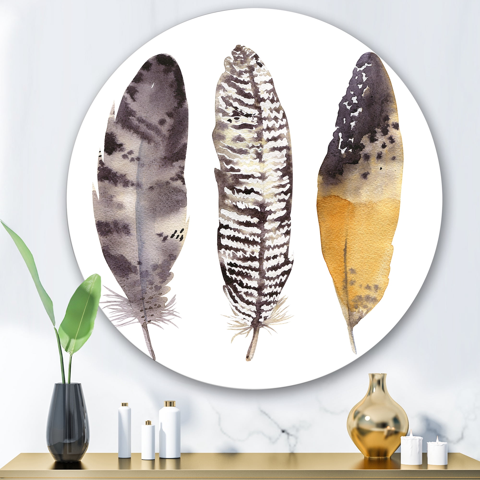 Designart 'Boho Ethnic Art Dark Gray Feathers III' Bohemian & Eclectic Circle Metal Wall Art 29x29 - Disc of 29