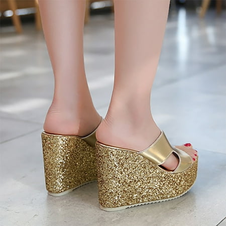 

Cathalem Sandals Women Rubber Fshion Platform Square Heels Pumps Women Rhinestone High Heels Flip Flop Women Sandals Gold 8