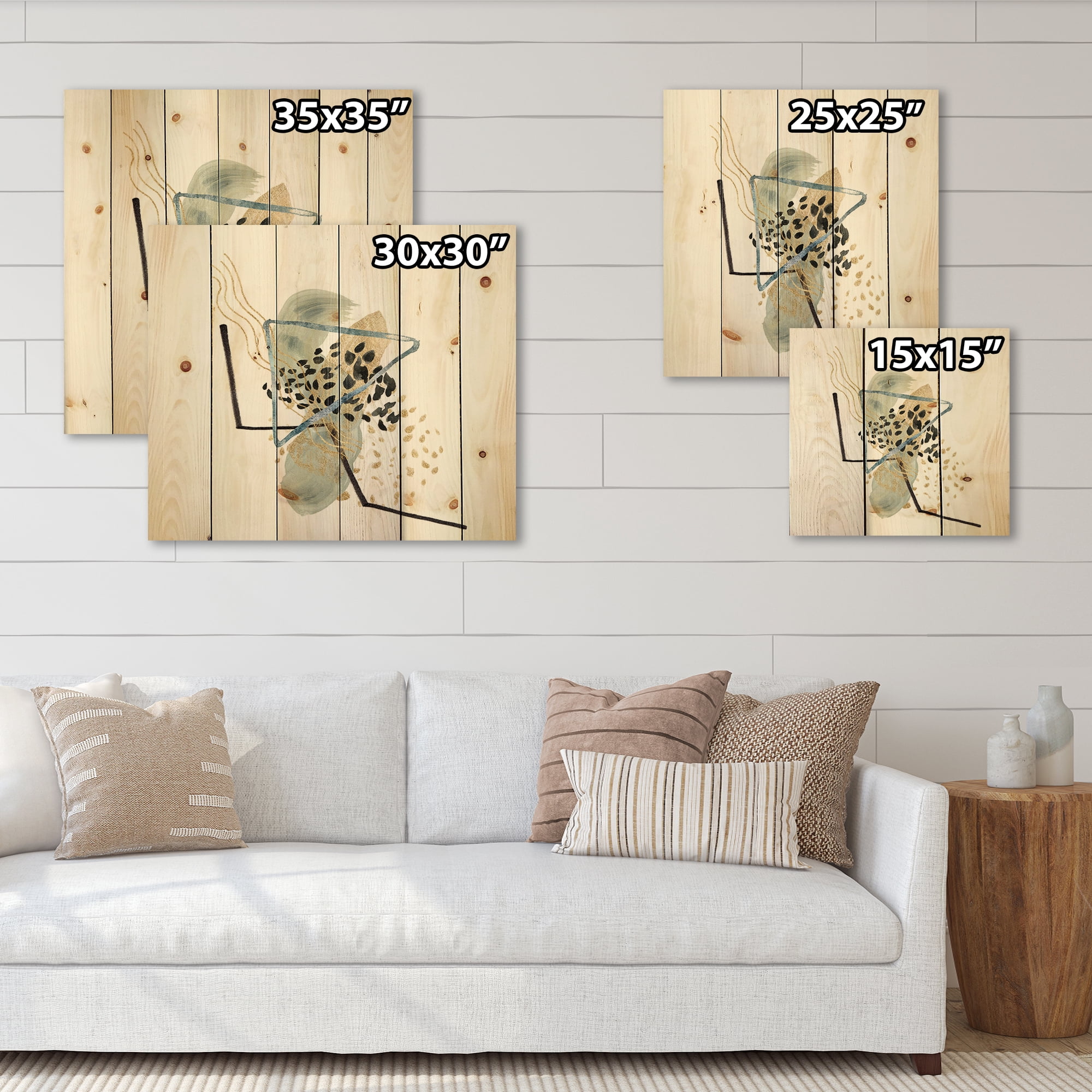 Designart 'Minimalistic Golden Polka Dots and Ink Mountains' Modern Print on Natural Pine Wood