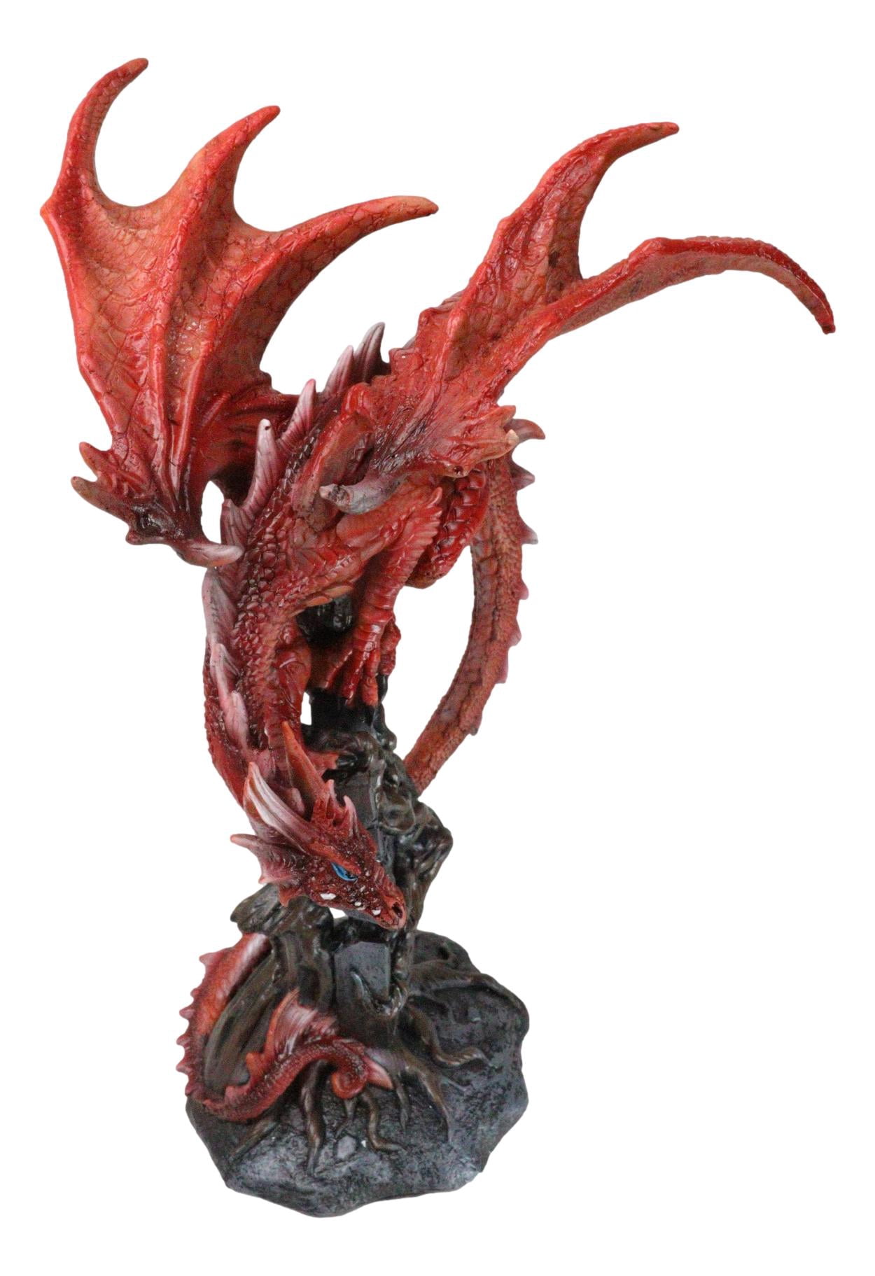 Wizard Fantasy Red Volcanic Dragon Perching On Rune Stone Tower Rock Figurine