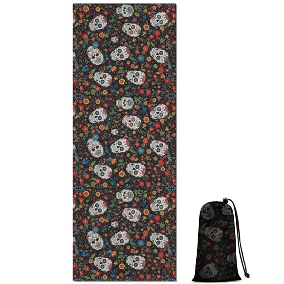 Colorful Skull Flower Pattern Hot Yoga Mat Towel Non Slip for Hot Yoga - Quick-Drying Yoga Mat Cover with 4 Corner Pockets with Travel Bag - Hot Yoga Towel Non Slip 70"x26"