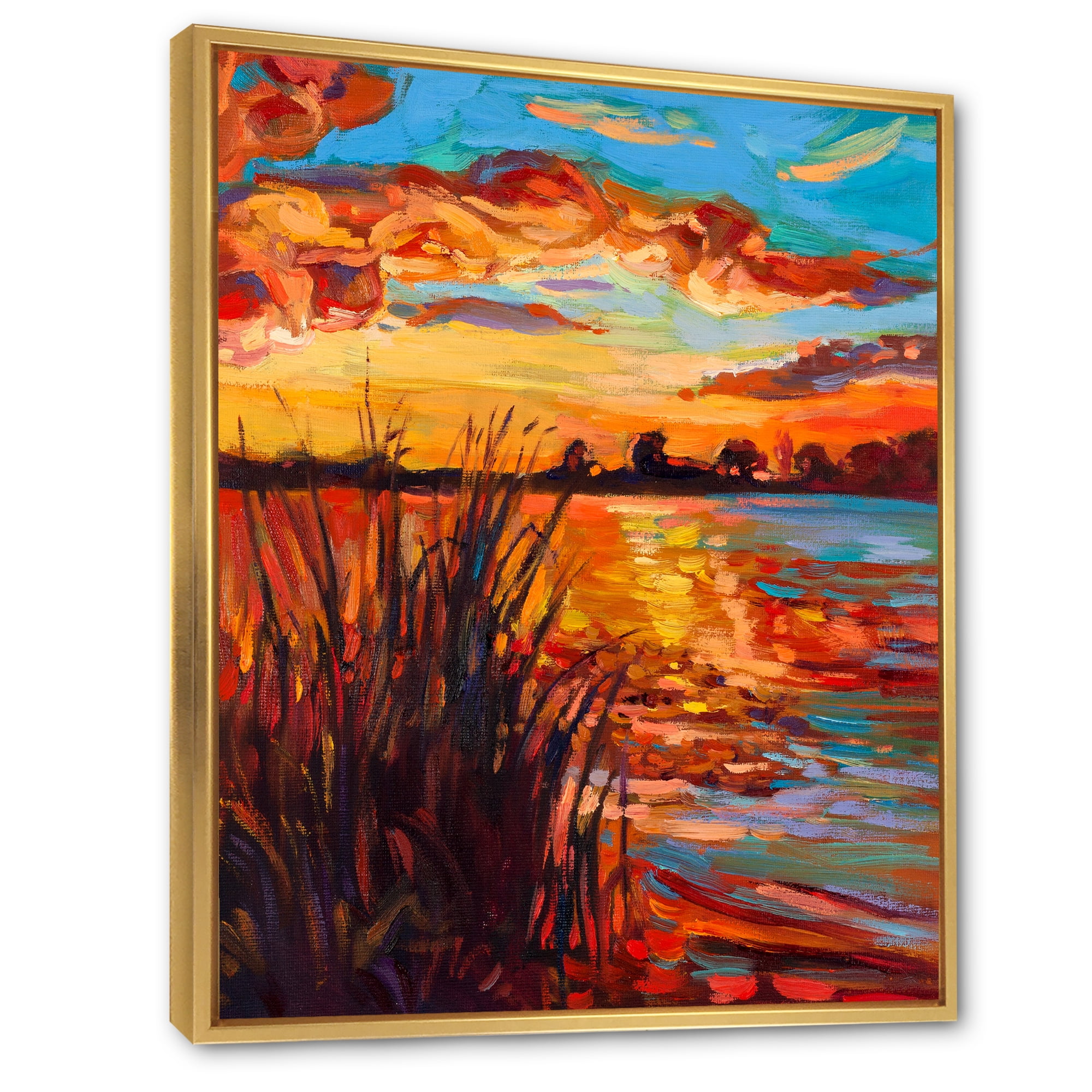 The Lake At Sunset Evening Glow I 30 in x 40 in Framed Painting Canvas Art Print, by Designart