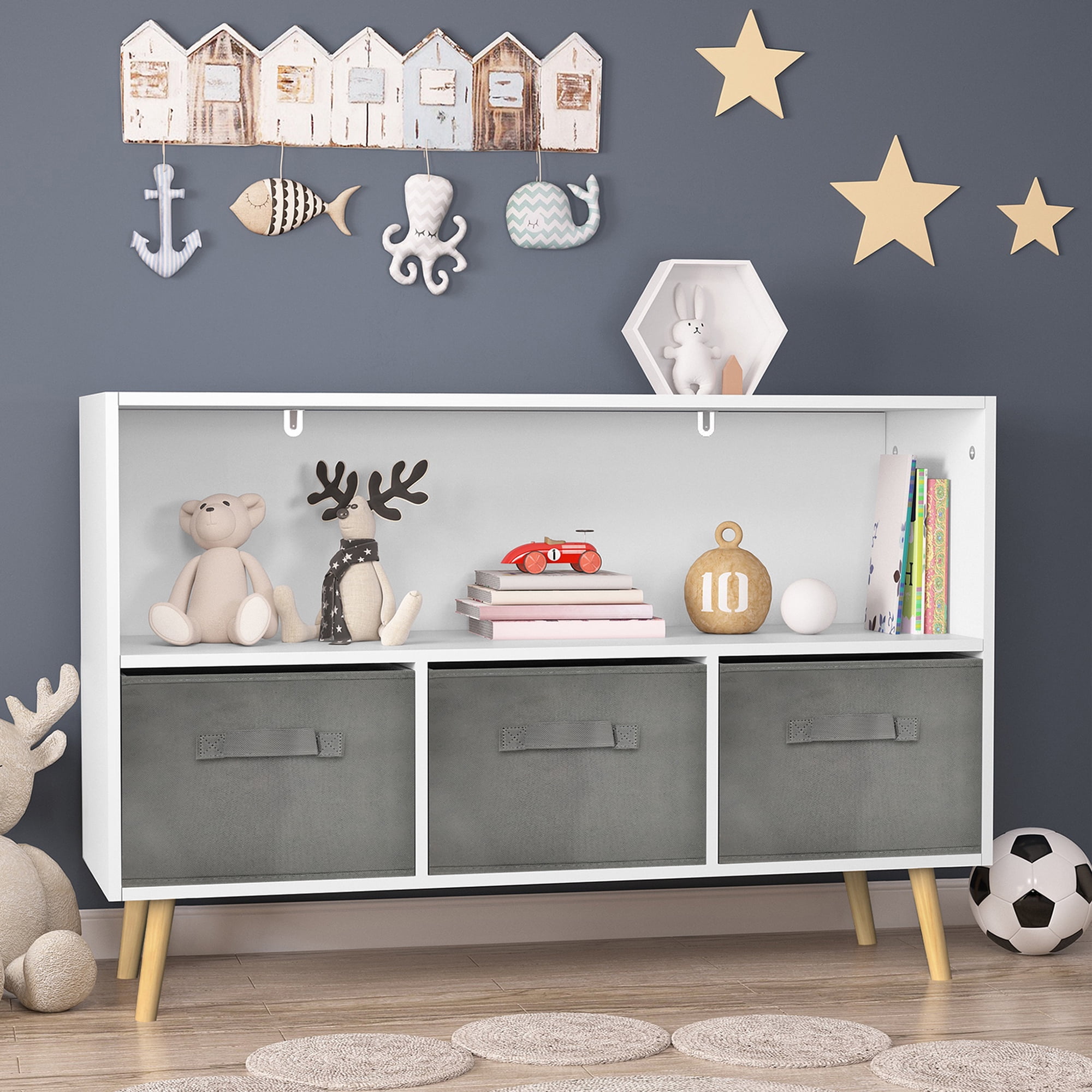 Yoneston Kids Bookcase with 3 Collapsible Fabric Drawers, Children's Toy Storage Organizer Book Display Cabinet for Playroom, Bedroom, White+Gray