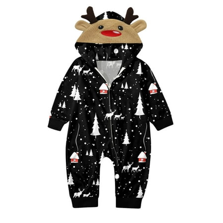 

Xutthjh Baby Merry Christmas Black Printed Hooded Zipper Jumpsuit Family Outfit