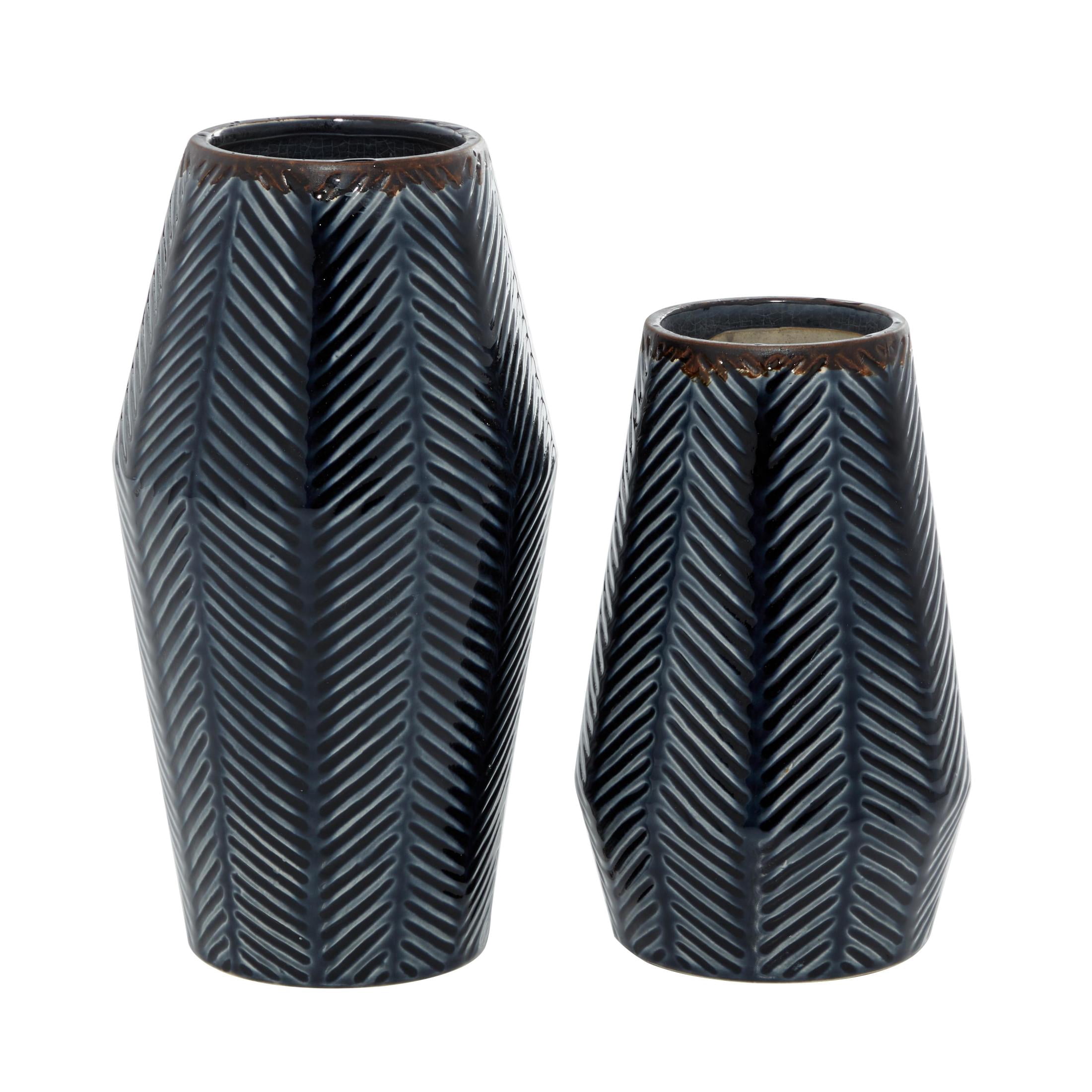DecMode 11", 8"H Handmade Chevron Dark Blue Ceramic Vase, Set of 2