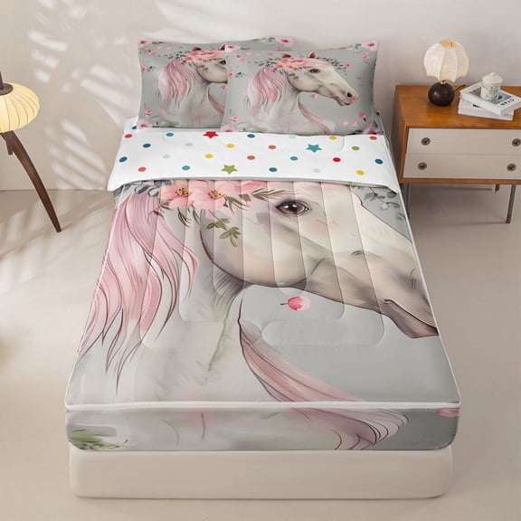 Homewish Chic White Horse Zipper Full Size Comforter Sets with Fitted Sheet and 2 Pillowcases for Kids Girls, Pink Floral Flower Zipper Bedding Set, Polka Dots Reversible, 4pcs