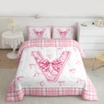 thumbnail image 2 of Feelyou Girly Monogrammed V Full Size Comforter Sets, Cartoon Pink Bownknot Ribbon Bedding Comforter Set, Princess Buffalo Plaid Reversible Bedding Sets, Breathable Home Decor, 3-Piece, 2 of 8