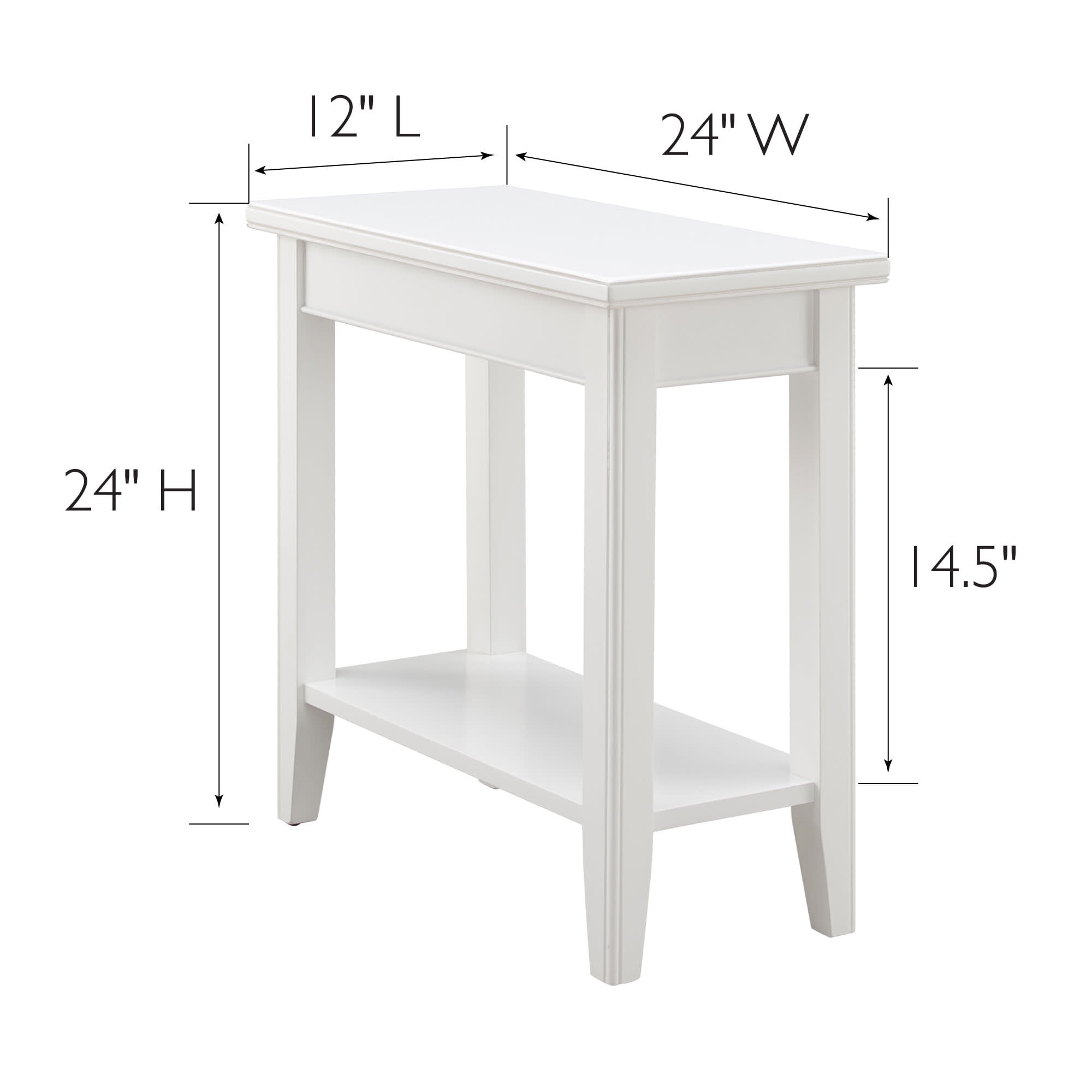White Solid Wood Narrow End Table with Shelf, Small Space, 12 in. W