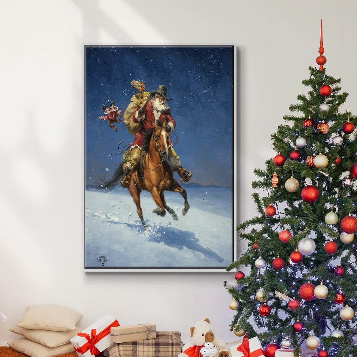 Midnight Rider - Framed Gallery Wrapped Holiday Canvas - 17 x 25 - White Frame