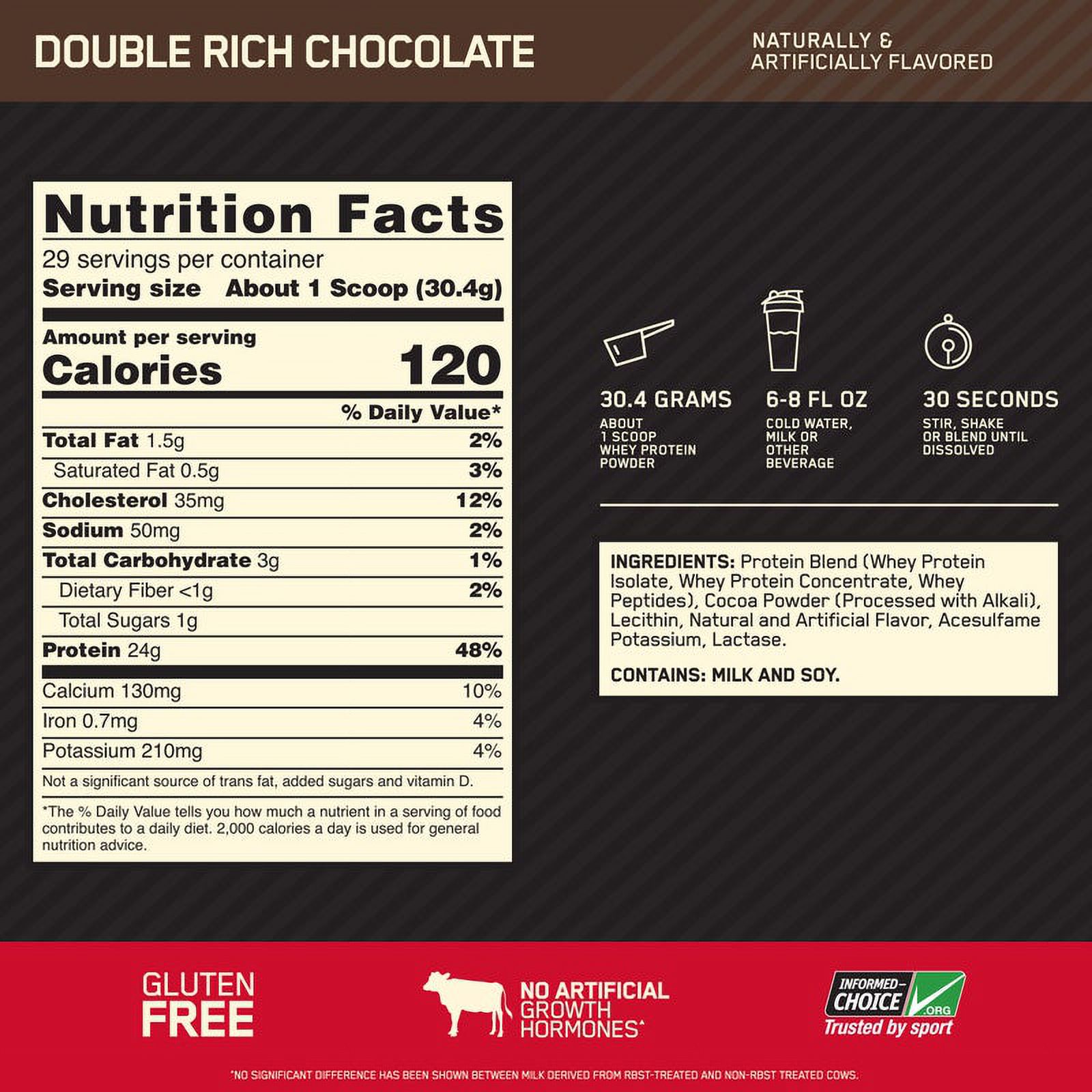 Optimum Nutrition, Gold Standard 100% Whey Protein Powder, Double Rich Chocolate, 2 lb, 29 Servings - image 5 of 10
