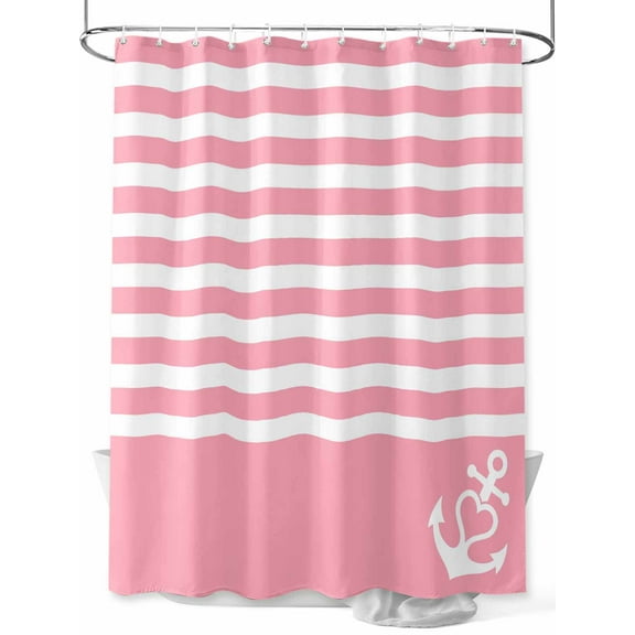 Shower Curtain Nautical Anchor Bathroom Curtains with Hooks, Waterproof Fabric Geometric Pink Stripes Bath Shower Curtains Set for Bathroom Bathtubs Decor 36x72 Inch
