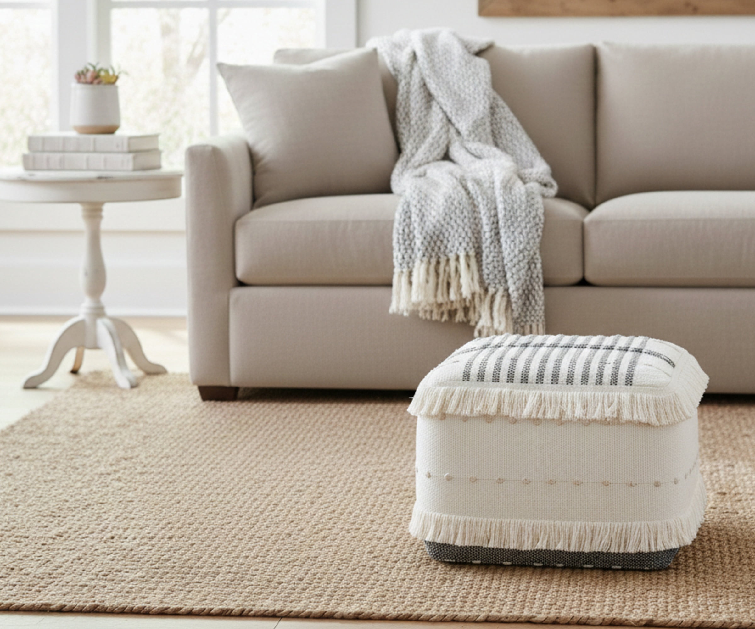 LR Home Small Fringe Striped Indoor Square Pouf, White/Black, 18" x 18" x 14"