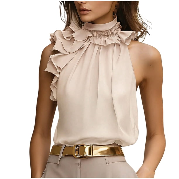 Moda Casual Collar de Pétalos sin Mangas para las Señoras, Camisa de Suéter de Cuello en V de Poliéster para el Verano Y el Uso Diario