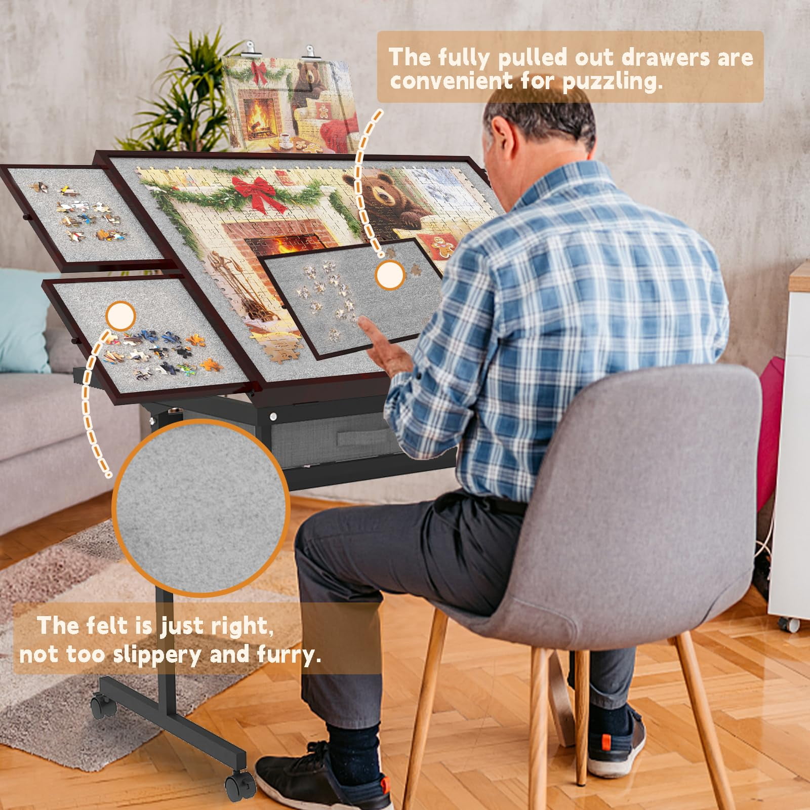Jigsaw Puzzle Table 1500 Pieces with Drawer and Legs, Five Tilt Angle Adjustable, Portable Puzzle Table for Adults with Protective Cover, Coffee color