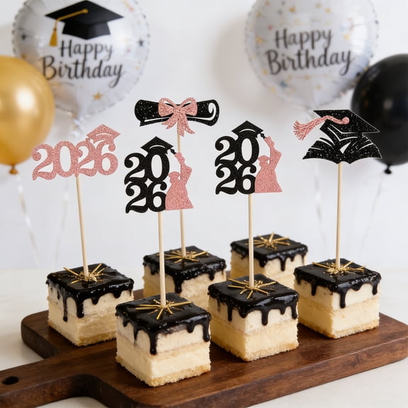 Gold Graduation Cupcake Toppers 2026, Glitter Cupcake Toppers for Class of 2026 Party Decoration Cap Diploma Done Congrats Grad Picks for Food Dessert Graduation Party Supplies