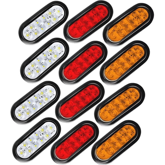 12 PCS 6 Inch Oval 10 LED Trailer Tail Light Brake Turn Signals Reverse Lights Lamp for Universal Backup Trailer Truck Marker Light,4 Red/4 White /4 Amber