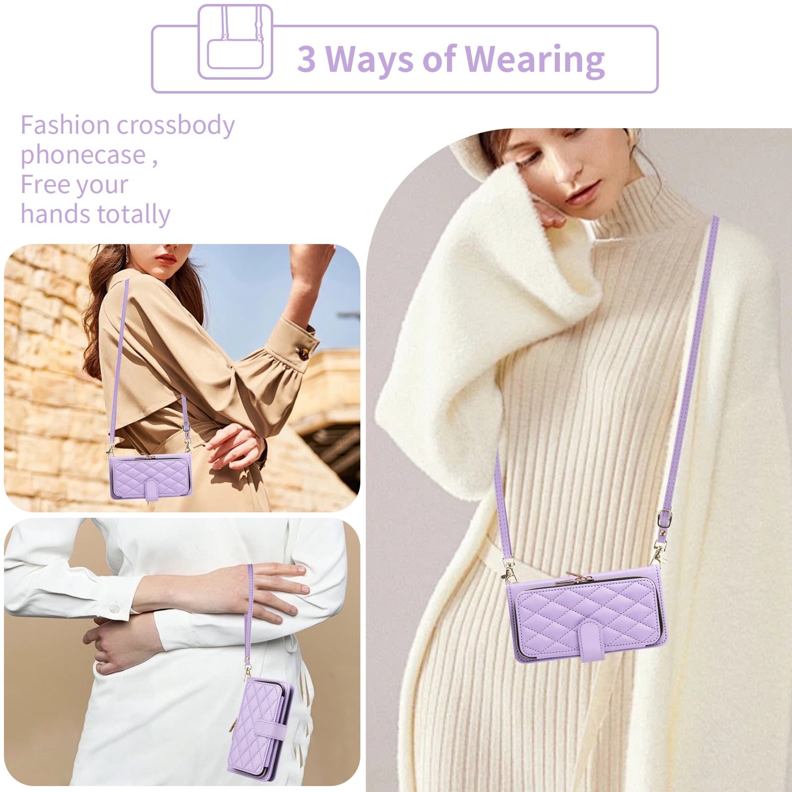 Furiet Argyle Wallet Case for iPhone 17 6.3 inch with Wrist/Shoulder Strap, Card Slots Zipper Purse Luxury PU Leather Stand Checkered Cell Phone Cover for i Phone17 i17 17Case Women Girls Purple
