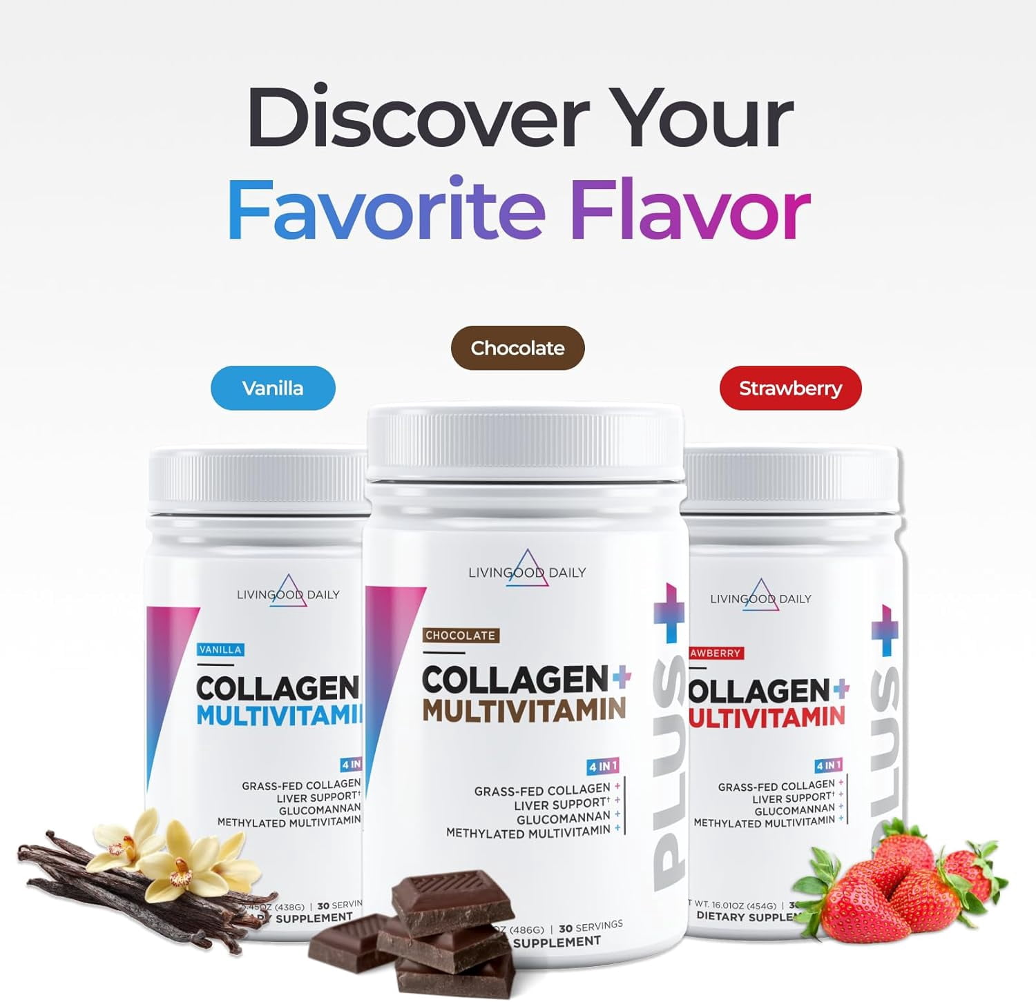 Livingood Daily Collagen Peptides Powder Vanilla, 30 Servings - 4in1 Grass Fed Hydrolyzed Collagen Powder with Multi Vitamins