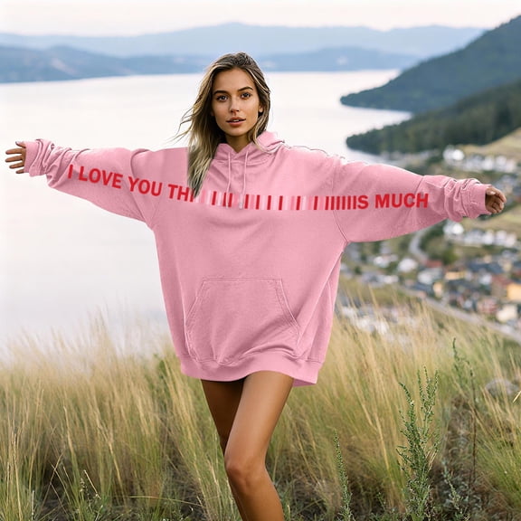 Unisex Hoodies Sweatshirts Valentine'S Day I Love You This Much Love Oversized Hoodie For Adults Cozy Couple Matching Pullover Soft Casual Streetwear Hooded Sweatshirt Pink S