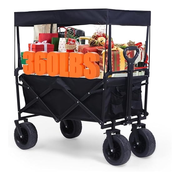 Heavy Duty Wagon, Collapsible Wagon with Canopy, Black, Steel, 4 Wheels, 33 x 22.4 x 7.6 inches