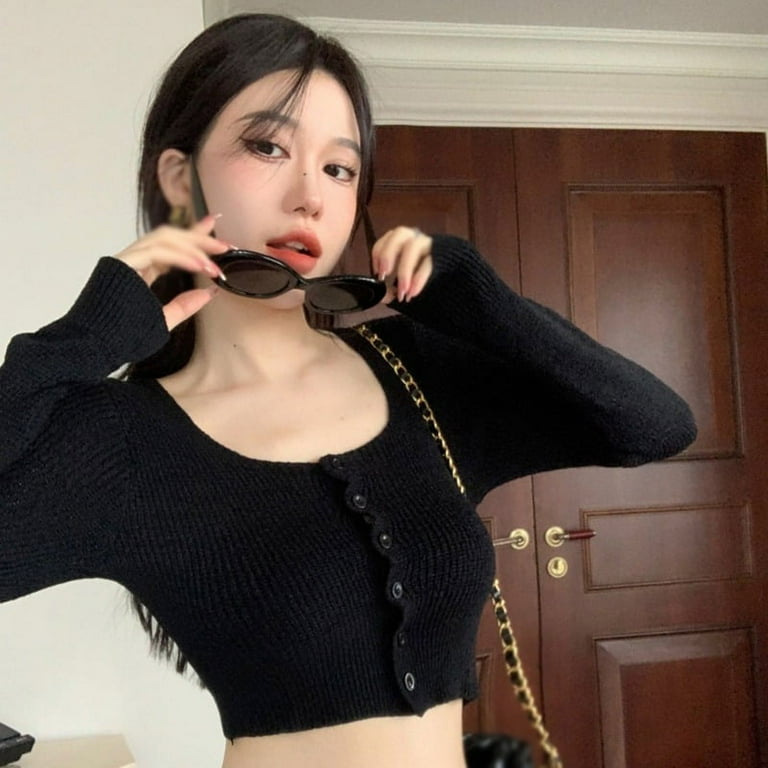 信頼も厚い Women Top Crop Slim Neck Square Sweater Sleeve Long Autumn Clothing
