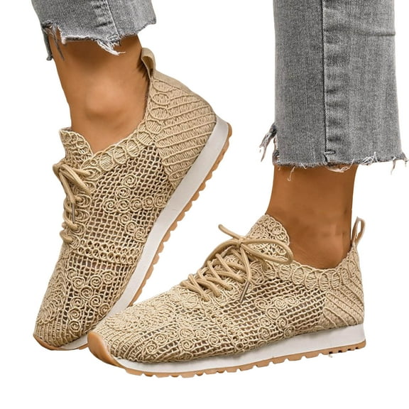 Woven Walking Shoes for Women 2025 Breathable Vintage Lace up Fashion Sneakers Casual Mesh Golf Flats
