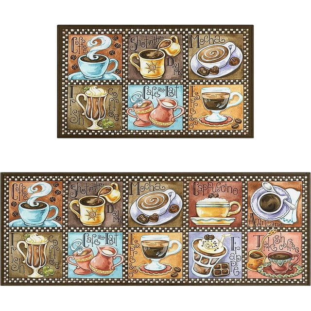 Colorful Coffee Kitchen Rugs and Mats Set of 2,Coffee Breaks Art Kitchen Decoration Non Slip Super Absorbent Kitchen Mat For Sink Waterproof Kitchen Rugs Runner For Laundry Room 17"x48"+17"x30"