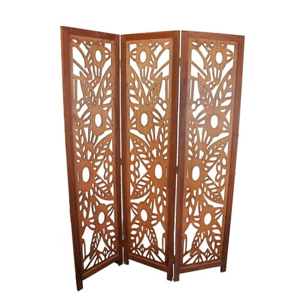 - 3 Panel Solid Wood Screen Room Divider, Walnut Brown Color With Decorative Floral Cutouts, By Legacy Decor