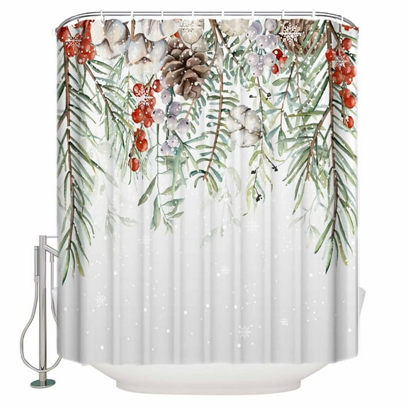 Fabric Shower Curtain, Christmas Winter Pine Tree Pine Cone Red Berry Cotton Snowflake Bathroom Curtain with 12 Hooks Waterproof No Bad Odor Machine Washable Bath Curtains for Bathroom, 54"x78"