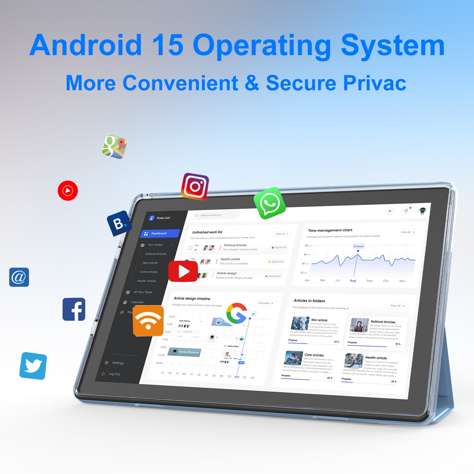 Android 15 Tablet, 10 inch 2 in 1 Tablets with Keyboard, 12GB RAM 64GB ROM 1TB Expand, Quad-Core 2.0Ghz CPU, 5G WiFi 6, BT5.0, 1280x800 HD Touchscreen, 6000mAh, Widevine L1, GMS Tablet, Blue