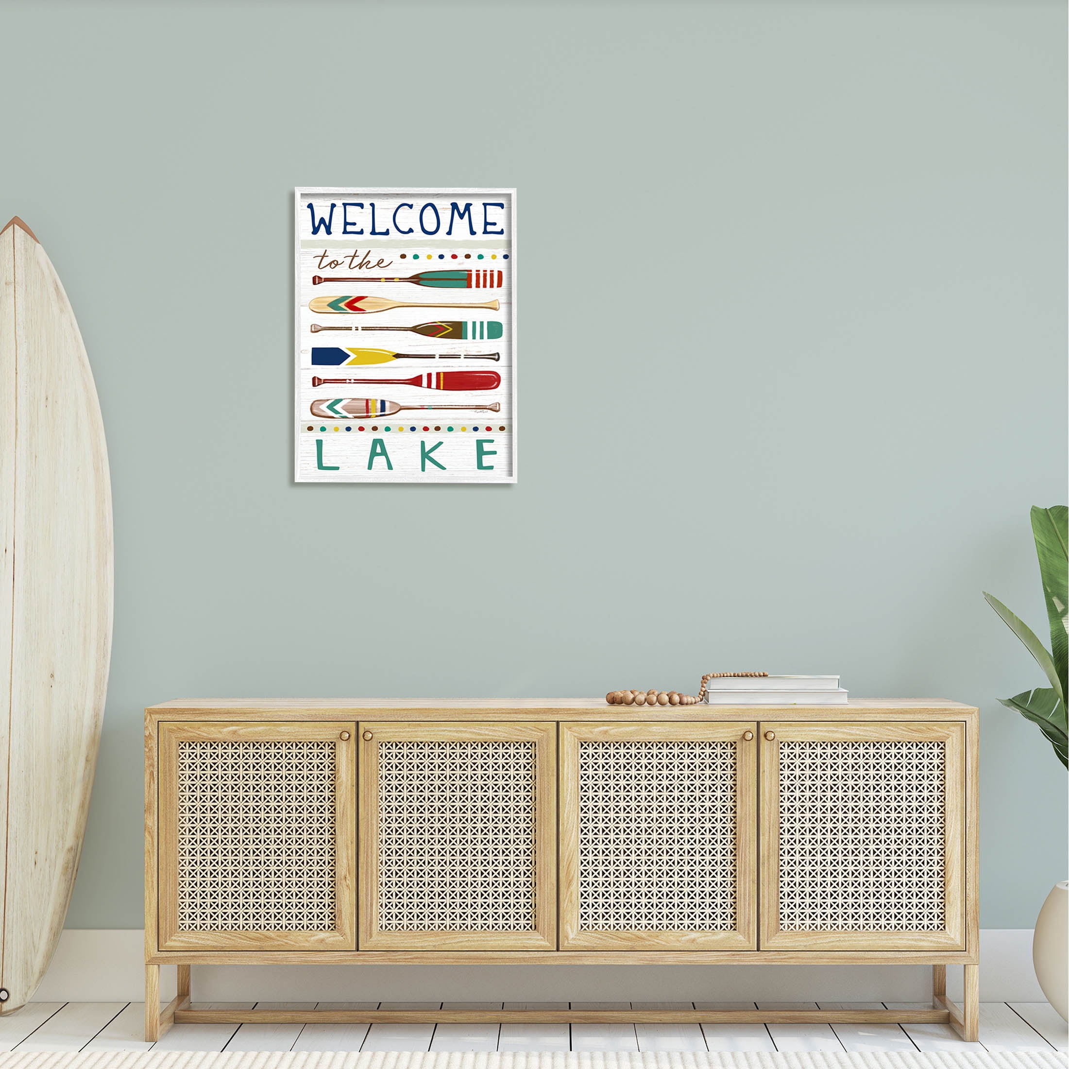 Stupell Industries Lake Welcome Sign Striped Oars Graphic Art White Framed Art Print Wall Art, Design by Elizabeth Tyndall