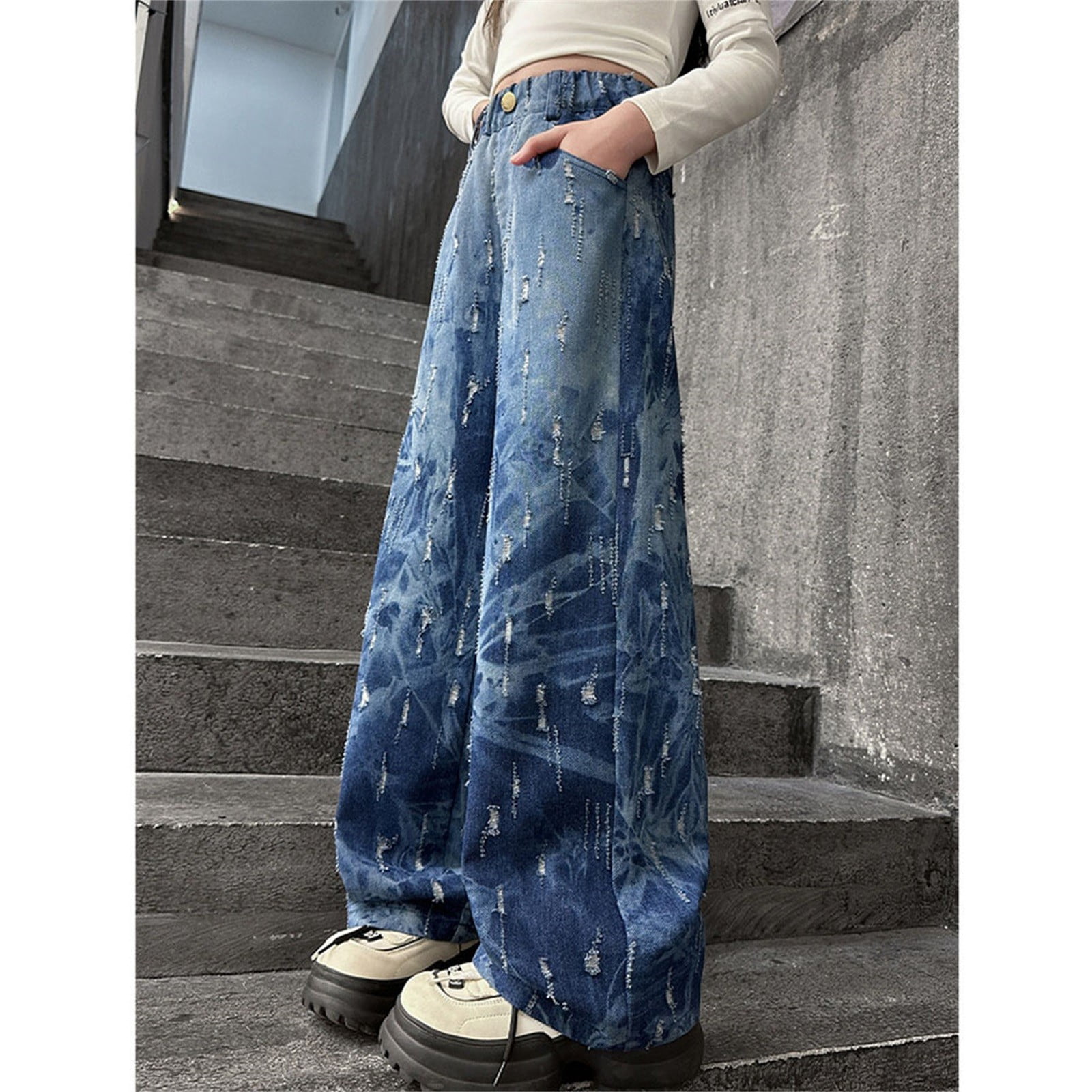 XXWXYD Clearence 2025 Korean Tie-Dye Wide Leg Jeans Girls