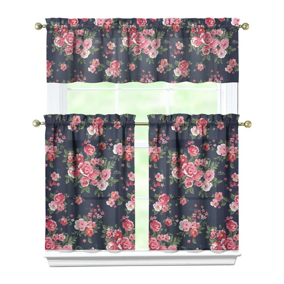 Pioneer Kitchen Curtains and Valance Set 36 Inch Tier Rose1 3 Pieces Set Dining Room Small Curtain Drapes Cafe Curtains Valance for Home Decor Rod Pocket