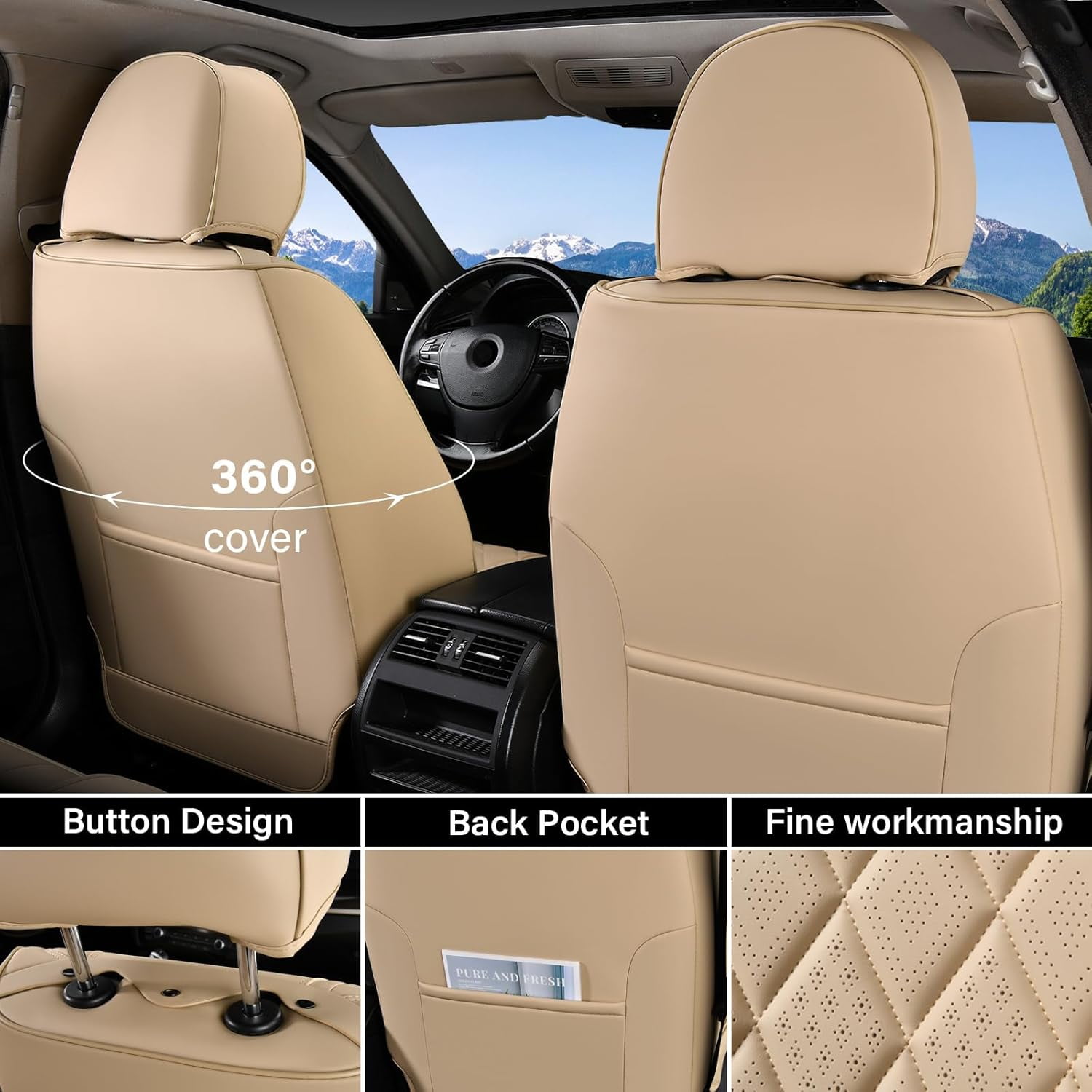 Coverado Front Car Seat Covers, Waterproof Premium Leather Seat Cushions, 6 Pieces Auto Interior Protectors Universal Fit Most Cars, Suvs, Pickup Trucks, Beige