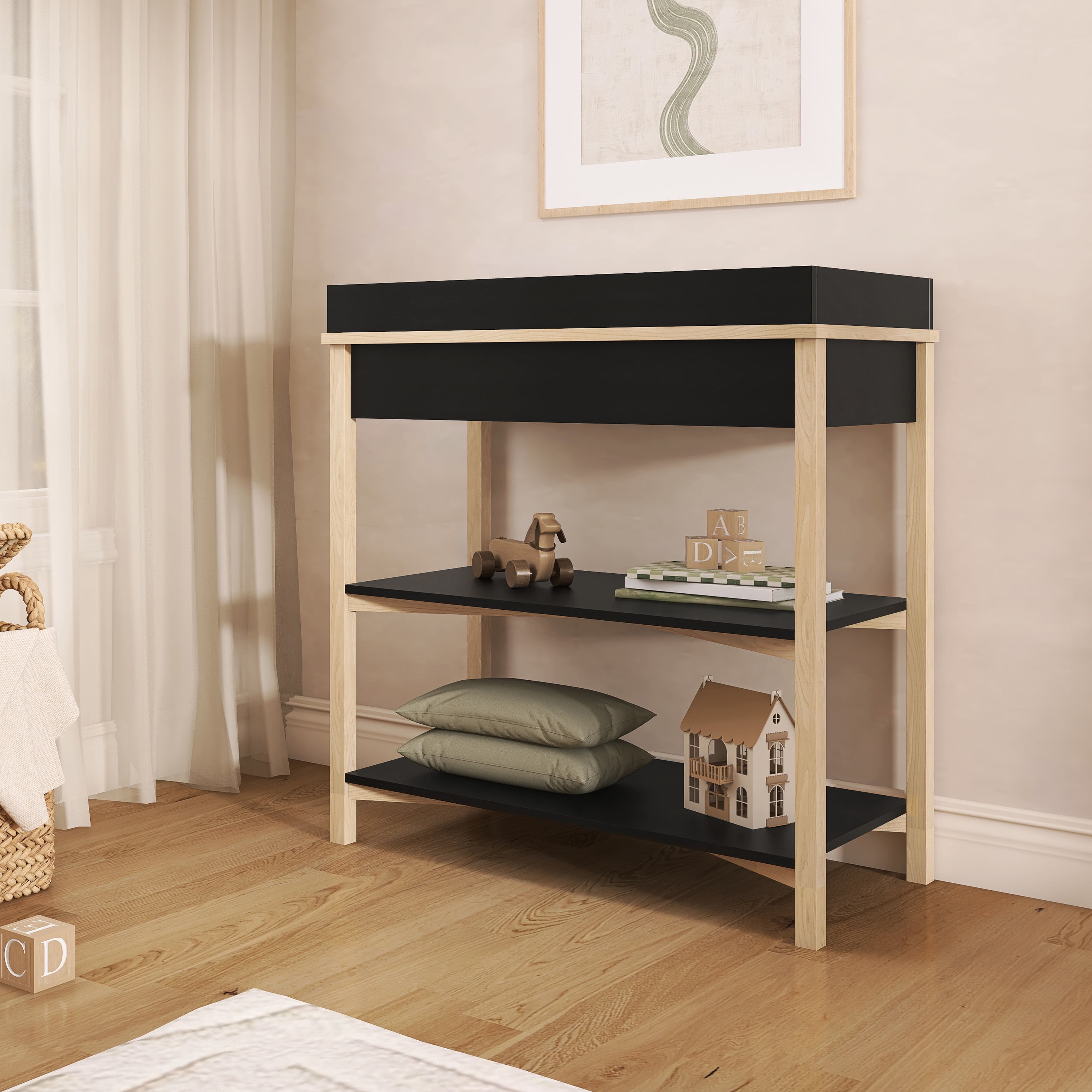 Dream On Me Owen Changing Table in Matte Black Vintage Oak, JPMA Certified, with two bottom shelves for storage