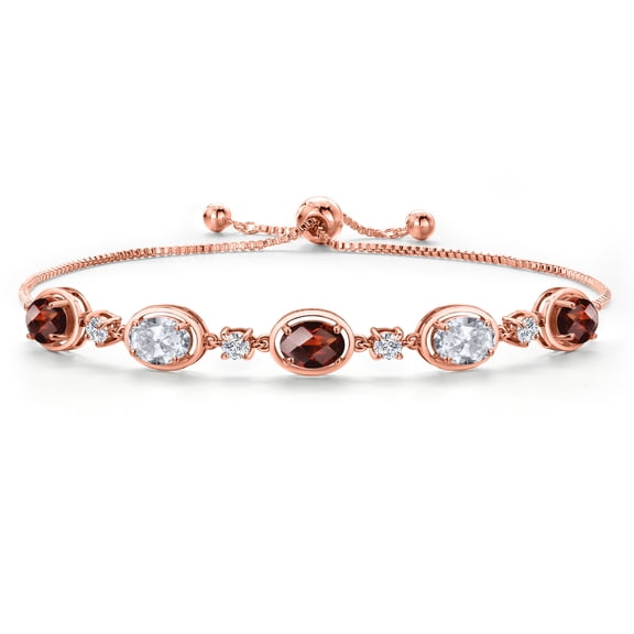 18K Rose Gold Plated Silver Red Garnet and White Topaz and Moissanite Tennis Bracelet for Women | 5.00 Cttw | Gemstone January Birthstone | Oval Checkerboard 7X5MM | Fully Adjustable 10 inch