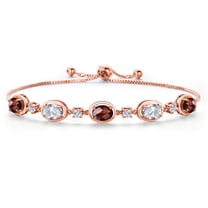18K Rose Gold Plated Silver Red Garnet and White Topaz and Moissanite Tennis Bracelet for Women | 5.00 Cttw | Gemstone January Birthstone | Oval Checkerboard 7X5MM | Fully Adjustable 10 inch