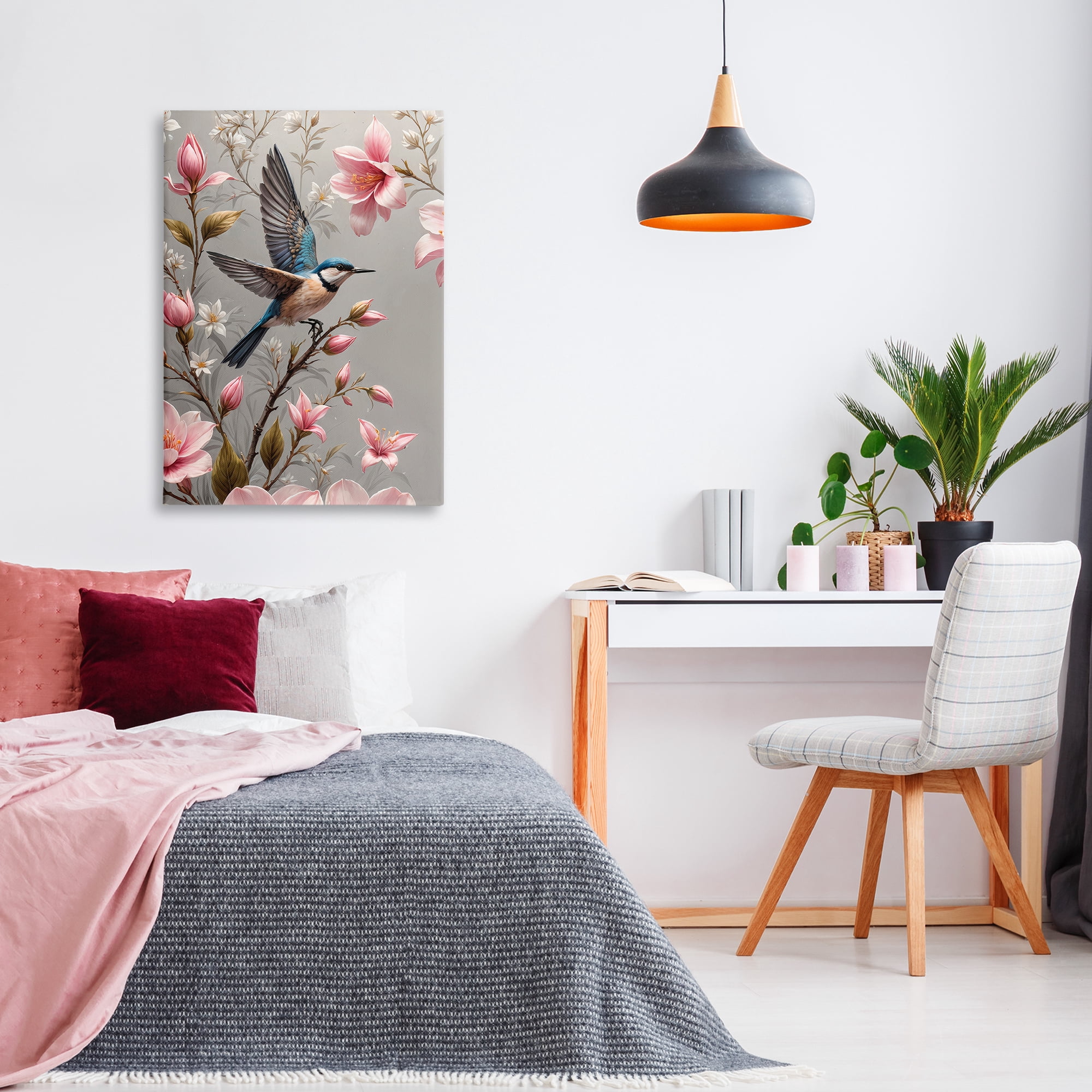 Stupell Industries Soft Pink Florals with Bird Animals Painting Wrapped Canvas Art Print Wall Art, 24 x 36