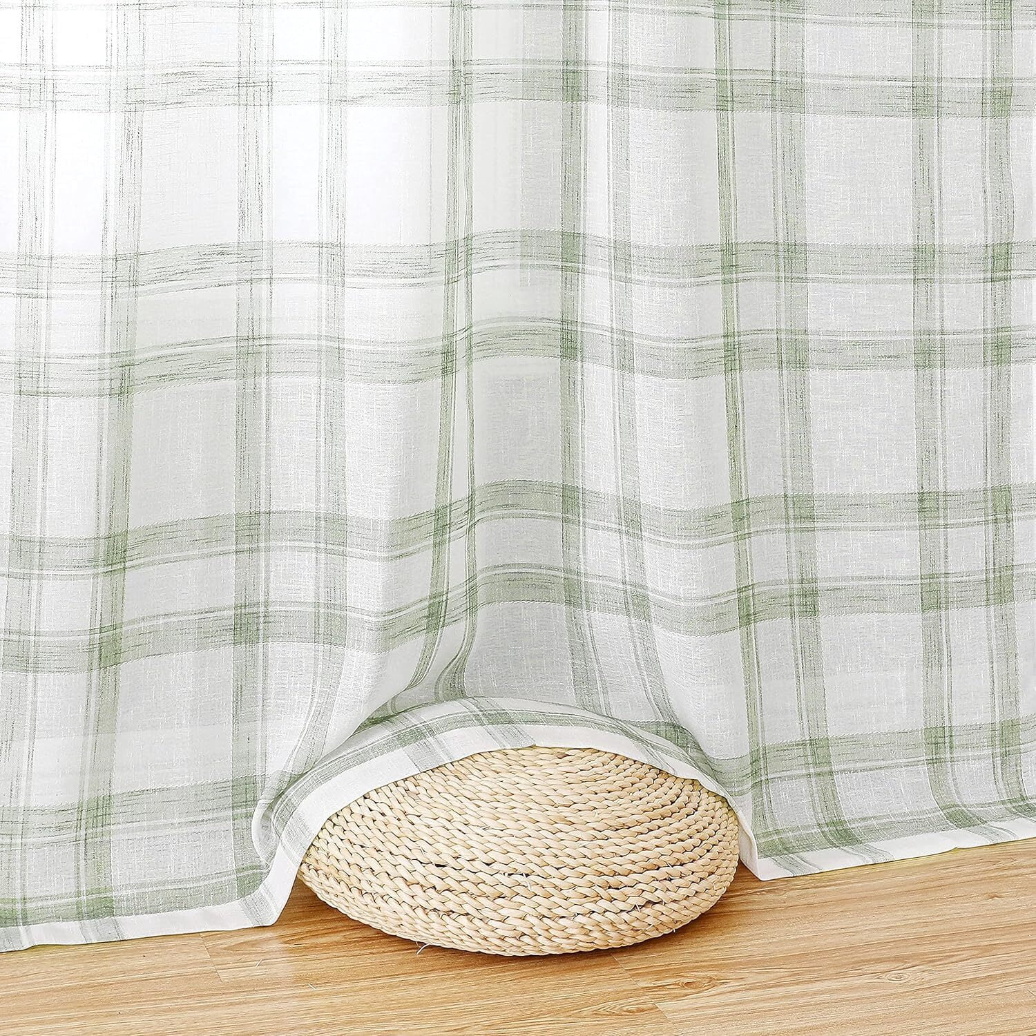 AZZCIA White Sage Plaid Linen Blend Semi Sheer Grommet Curtain Panels, 2 Panels, 54"W x 95"L