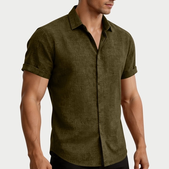 Mifsaly Men's Linen Shirts Casual Button Down Short Sleeve Shirt Lightweight Breathable Vacation Summer Beach tops Regular Fit Business Casual Tropical Outfits Army Green,L