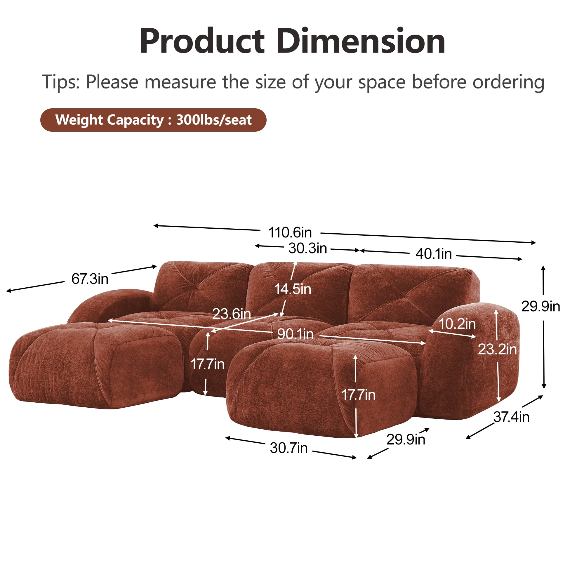 AISWORD 110" 3-Seat U-Shaped Modular Daybed with 2 Ottomans, Ultra-Soft Boneless Sectional with 32D High-Density Foam & Anti-Slip Bottom, No Assembly Required
