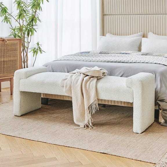 58'' Upholstered Bench Chenille Boucle Modern Accent Bench End of Bedroom Entryway Ivory