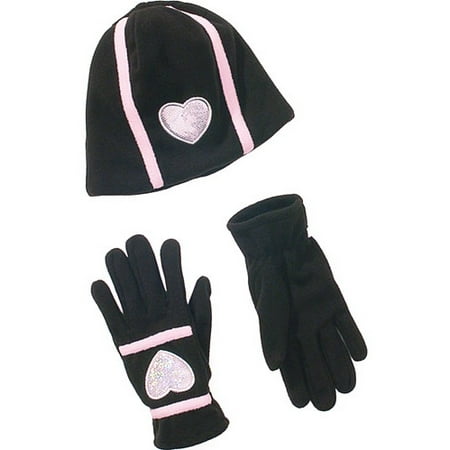 Girls' Fleece Gloves and Beanie Set with Hearts