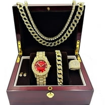 Fully Iced Mens Big Rocks Bezel Color Dial with Roman Numerals, Cuban Chain Bracelet, Cuban Necklace, Tennis Chain & Ring - ST10327CRNT (Red/Gold - Ring Size 10)