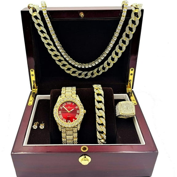 Fully Iced Mens Big Rocks Bezel Color Dial with Roman Numerals, Cuban Chain Bracelet, Cuban Necklace, Tennis Chain & Ring - ST10327CRNT (Red/Gold - Ring Size 10)