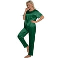thumbnail image 4 of DAKIMOE Womens Silk Satin Pajama Set Short Sleeve Shirt with Long Pajamas Pant Set Two-piece Pj Sets Soft Sleepwear Loungewear Nightwear Pjs S-XL, Dark Green, S, 4 of 11