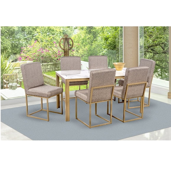 Comedor Soria Golden 6 Sillas Tubular Cubierta Porcelanato Mármol MOBILKRAFT Modelo Soria Golden 6 Sillas Rectangular, Estilo Contemporáneo en Color Late