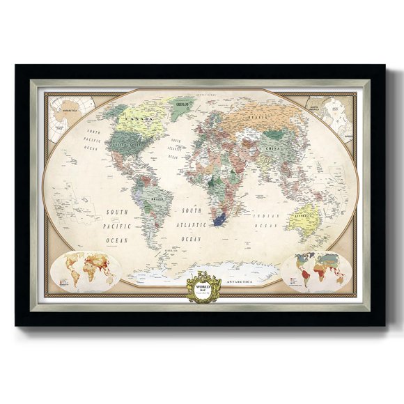 Renditions Gallery Colorful World Map Canvas Wall Art with Modern Black and Silver Frame Wall Hanging Travel Map with Push Pins for Home, Office, Classroom