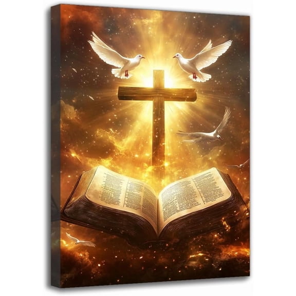 Religious Art Canvas Cross and Doves Framed Wall Art, Vibrant and Artistic Home Decor, Ideal Gift for Office Bedroom Living Room (8W X 12L)