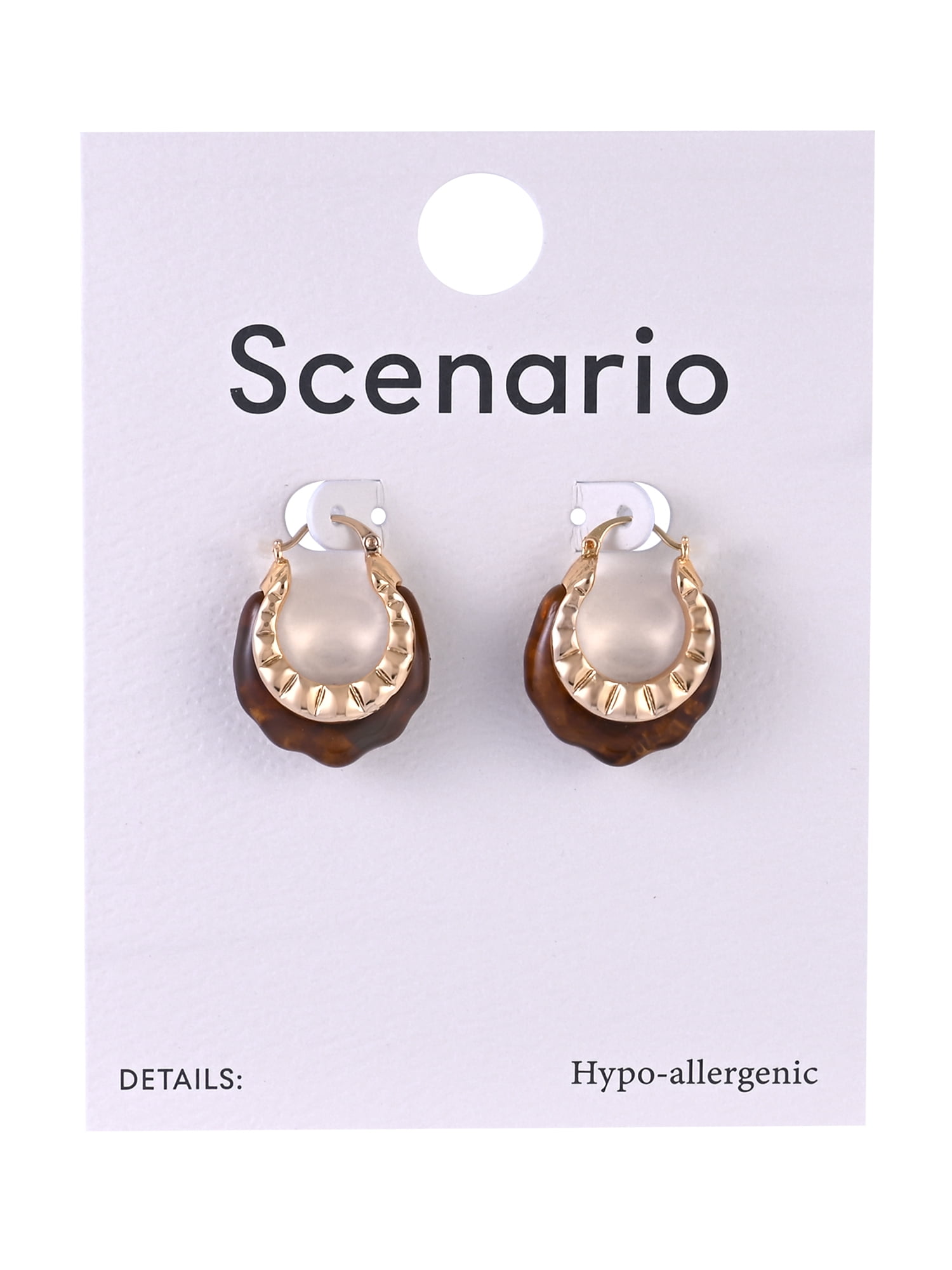 Scenario Women's Gold-Tone Brown Swirl Textured Hoop Earrings